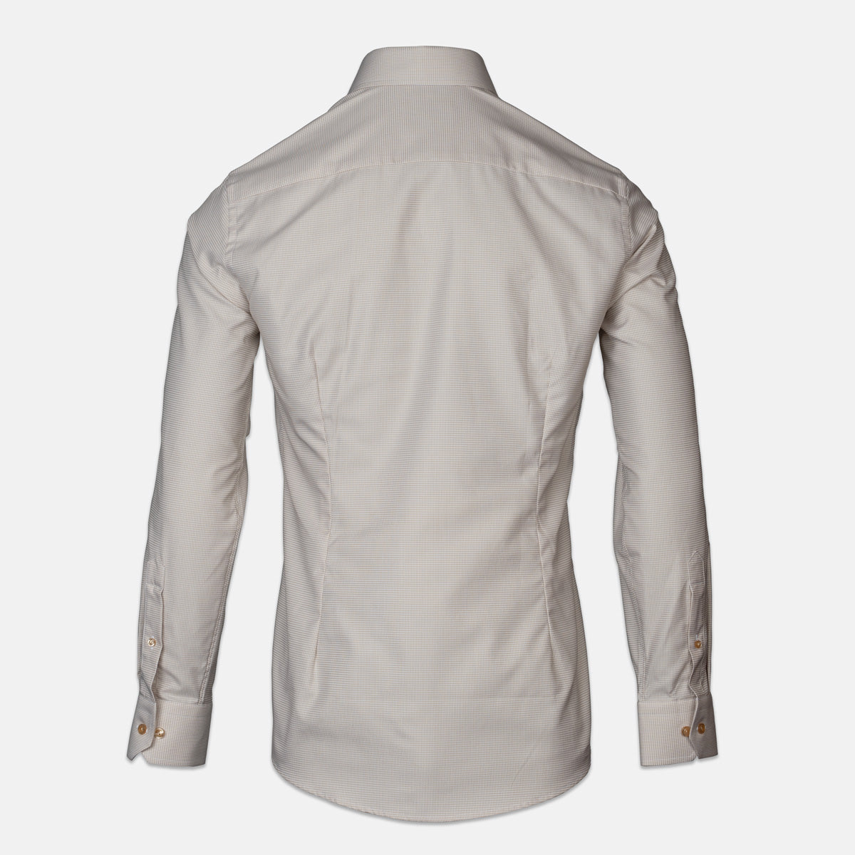 A light beige long-sleeve button-down shirt shown from the back, displayed on a headless mannequin against a light grey background.  Eton shirts available at Sakks Menswear in Southampton.