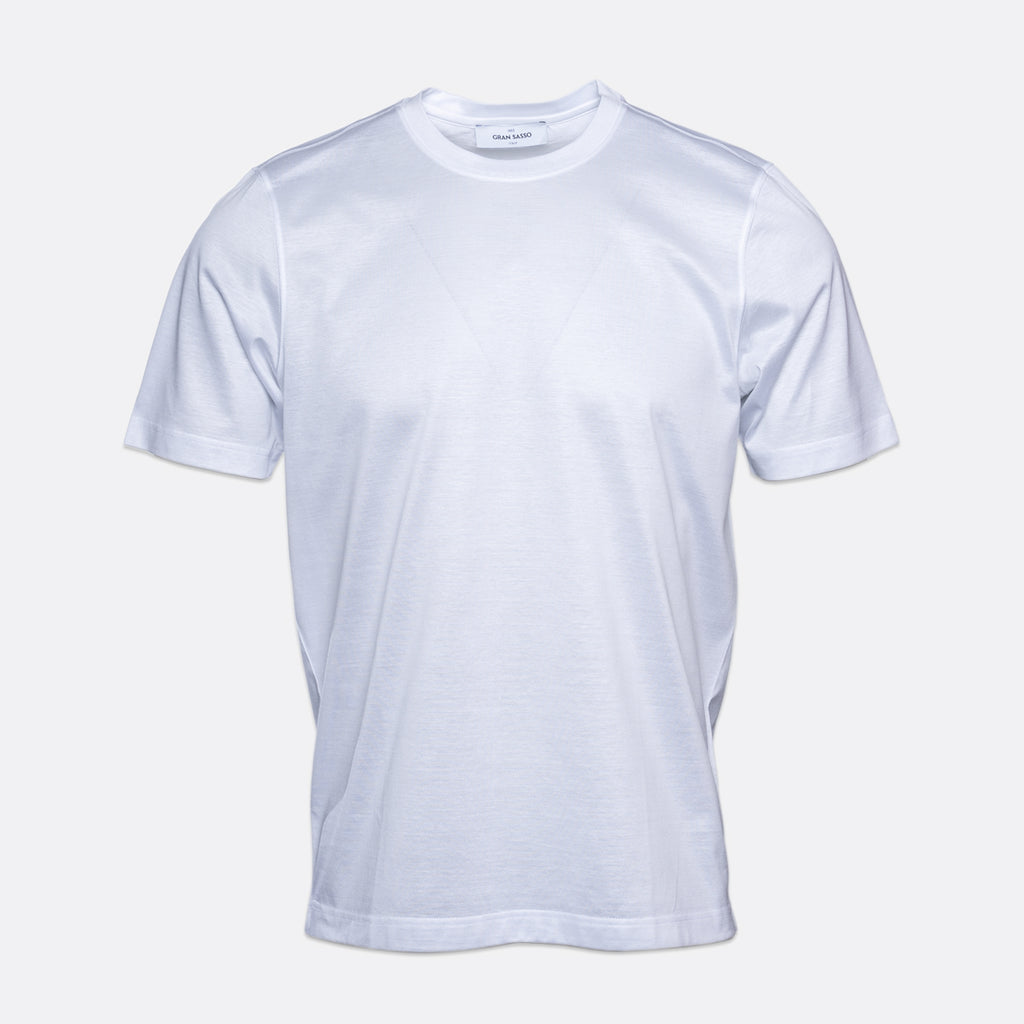 A plain white short-sleeve crewneck t-shirt displayed on a light grey background. Gran Sasso T-Shirt available at Sakks Menswear in Southampton.