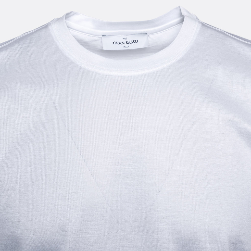 Close-up of a white crewneck t-shirt by The Gran Sasso, showing the inner neck label and the soft, textured fabric. Gran Sasso T-Shirt available at Sakks Menswear in Southampton.