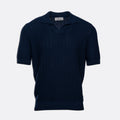 A dark navy blue short-sleeve knit polo sweater with a textured openwork pattern, displayed on a clean light grey background. Gran Sasso Polo available at Sakks Menswear in Southampton.