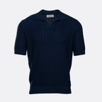 A dark navy blue short-sleeve knit polo sweater with a textured openwork pattern, displayed on a clean light grey background. Gran Sasso Polo available at Sakks Menswear in Southampton.