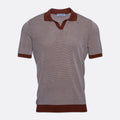 A short-sleeve knit polo shirt with a textured grey and white micro-pattern, featuring solid dark brown trim on the collar, sleeve cuffs, and hem. Gran Sasso Polo available at Sakks Menswear in Southampton.