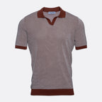 A short-sleeve knit polo shirt with a textured grey and white micro-pattern, featuring solid dark brown trim on the collar, sleeve cuffs, and hem. Gran Sasso Polo available at Sakks Menswear in Southampton.