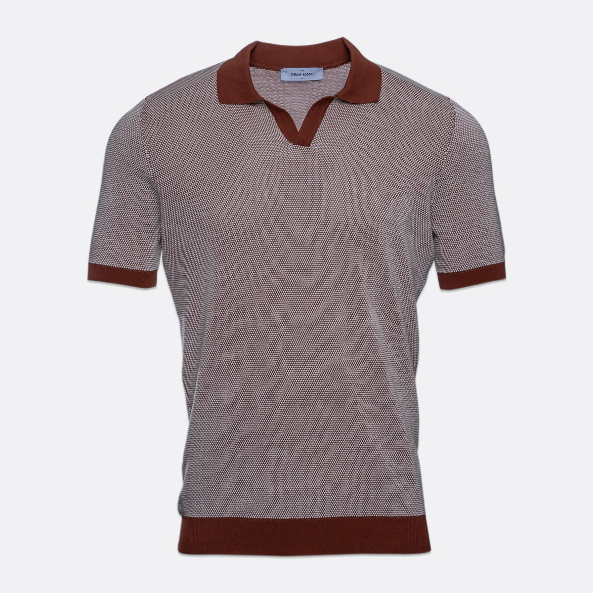 A short-sleeve knit polo shirt with a textured grey and white micro-pattern, featuring solid dark brown trim on the collar, sleeve cuffs, and hem. Gran Sasso Polo available at Sakks Menswear in Southampton.
