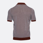 A short-sleeve knit polo shirt shown from the back, featuring a textured grey body with contrasting dark brown ribbed collar, sleeve cuffs, and hem, displayed on a light grey background. Gran Sasso Polo available at Sakks Menswear in Southampton.