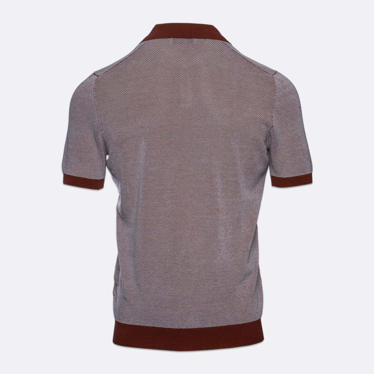 A short-sleeve knit polo shirt shown from the back, featuring a textured grey body with contrasting dark brown ribbed collar, sleeve cuffs, and hem, displayed on a light grey background. Gran Sasso Polo available at Sakks Menswear in Southampton.