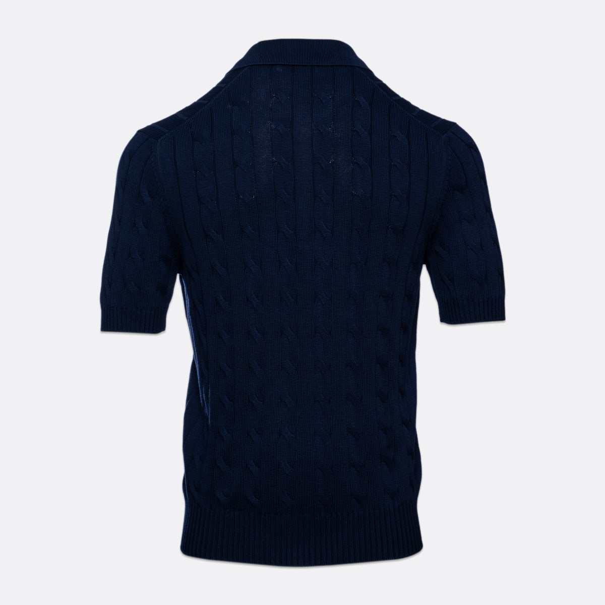 A dark navy blue short-sleeve knit polo shirt with a textured cable pattern, shown from the back against a light grey background. Gran Sasso Polo available at Sakks Menswear in Southampton.