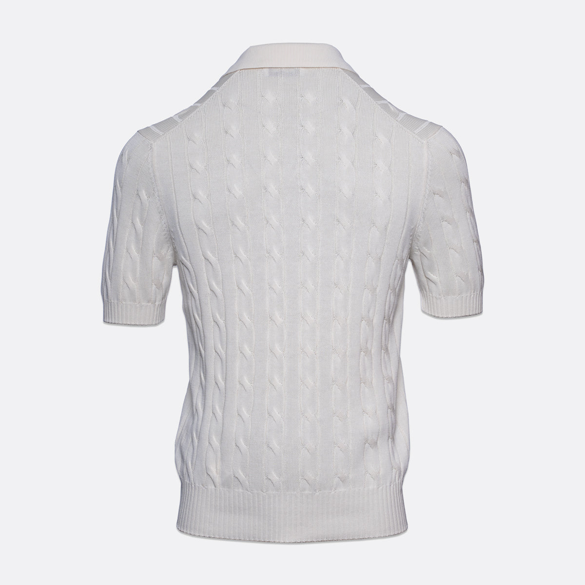 A white short-sleeve knit polo shirt with a textured cable pattern, shown from the back on a light grey background. Gran Sasso Polo available at Sakks Menswear in Southampton.