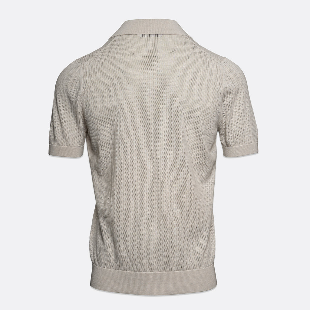A light beige textured short-sleeve knit polo shirt shown from the back, displayed on a clean light grey background. Gran Sasso Polo available at Sakks Menswear in Southampton.