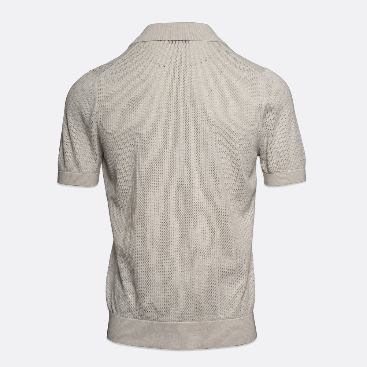 A light beige textured short-sleeve knit polo shirt shown from the back, displayed on a clean light grey background. Gran Sasso Polo available at Sakks Menswear in Southampton.