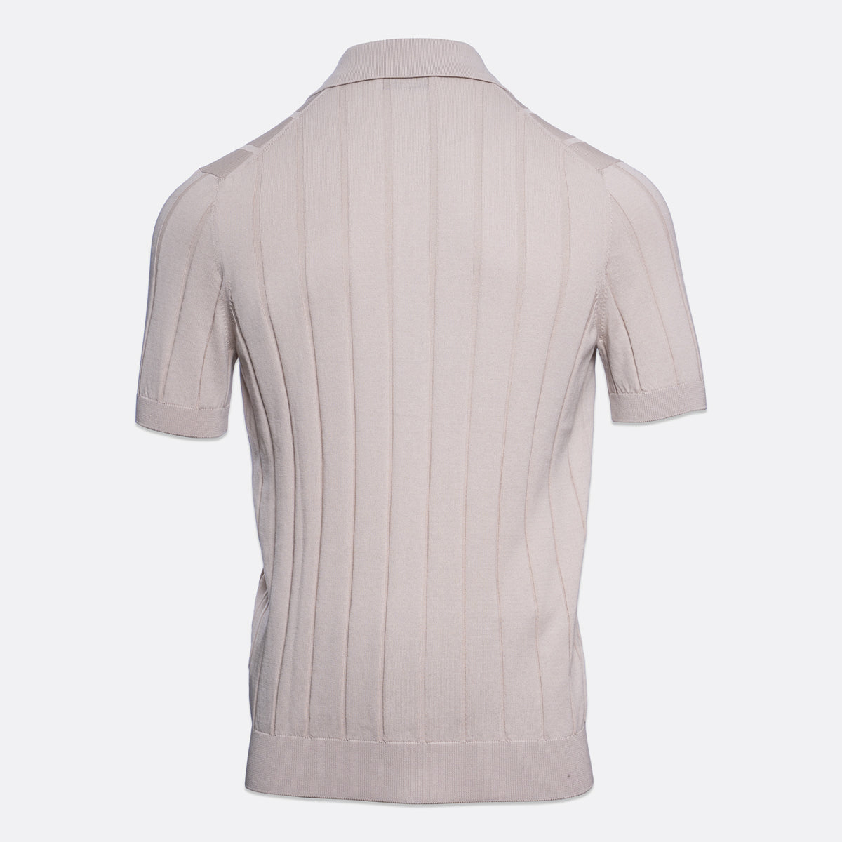 A short-sleeve knit polo shirt shown from the back, featuring vertical ribbed texture and a classic collar, in a light taupe-beige colour on a plain light grey background. Gran Sasso Polo available at Sakks Menswear in Southampton.