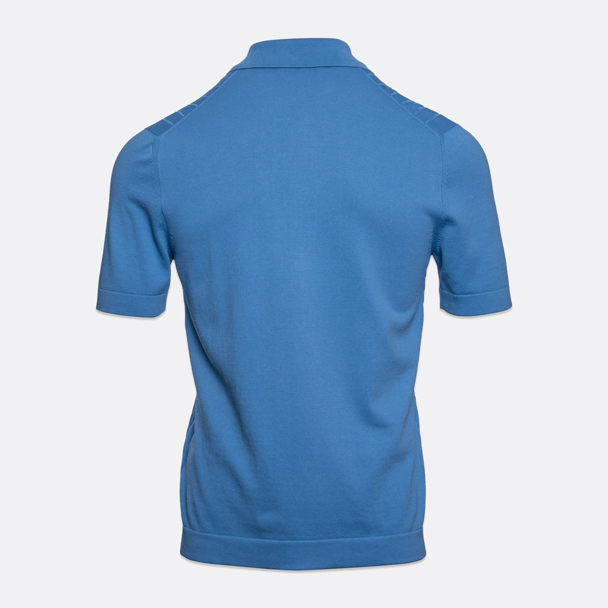 A blue short-sleeve polo shirt shown from the back, displayed on a clean, light gey background. Gran Sasso Polo available at Sakks Menswear in Southampton.