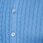 Close-up of a light blue cable-knit button-up shirt showing the detailed knit pattern and silver buttons. Gran Sasso Polo available at Sakks Menswear in Southampton.