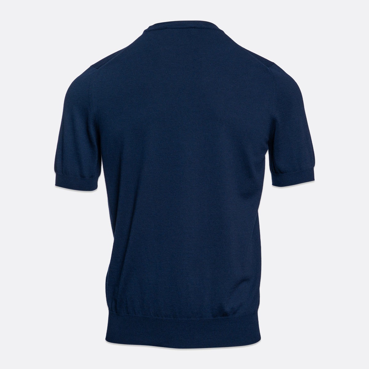 A navy blue short-sleeve knit polo shirt shown from the back, displayed on a clean light gray background. Gran Sasso T-Shirt available at Sakks Menswear in Southampton.