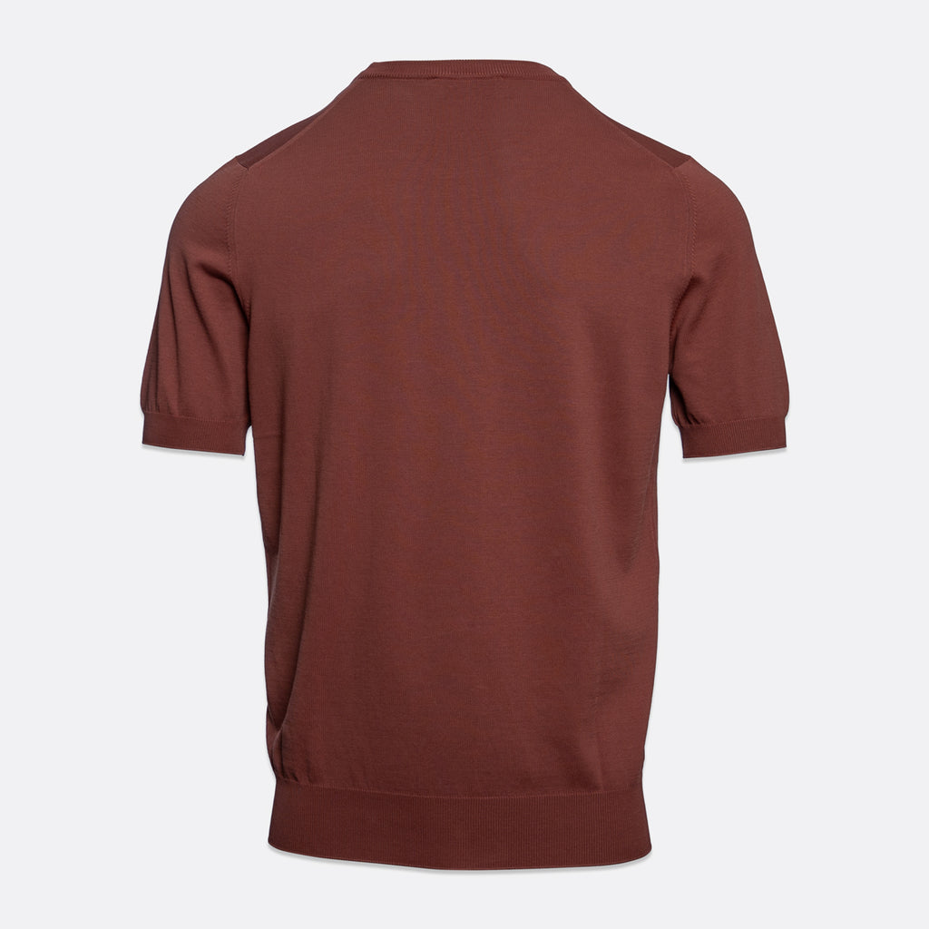 A short-sleeve knit top shown from the back, in a solid rust-brown colour, displayed on a light grey background. Gran Sasso T-Shirt available at Sakks Menswear in Southampton.