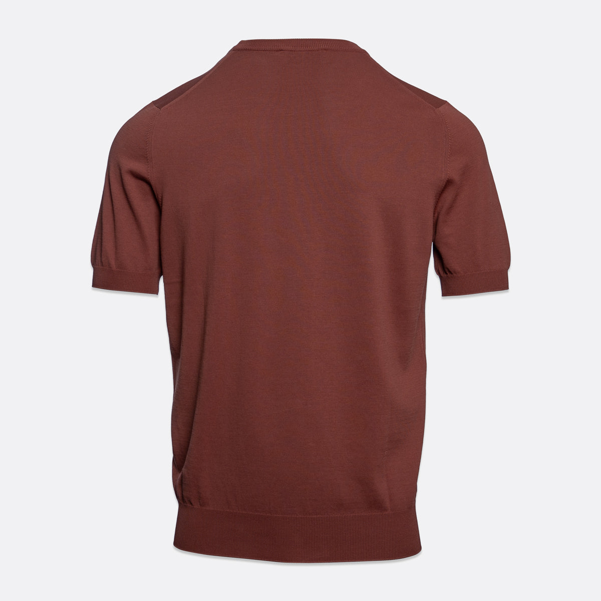 A short-sleeve knit top shown from the back, in a solid rust-brown colour, displayed on a light grey background. Gran Sasso T-Shirt available at Sakks Menswear in Southampton.