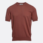 A short-sleeve crewneck knit sweater in a muted terracotta or rust colour, displayed on a clean, light grey background. Gran Sasso T-Shirt available at Sakks Menswear in Southampton.