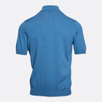 A blue short-sleeve polo shirt shown from the back, displayed on a light grey background. Gran Sasso Polo available at Sakks Menswear in Southampton.