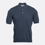 A short-sleeve polo shirt in a dark slate blue colour, displayed on a clean, light grey background. Gran Sasso Polo available at Sakks Menswear in Southampton.