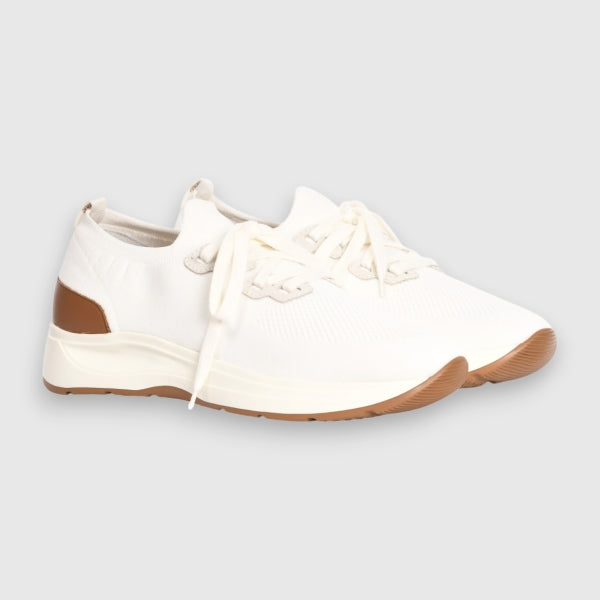 A pair of white knit athletic sneakers with brown accents on the heel, toe bumper, and sole, shown against a light grey background. Gran Sasso Sneakers available at Sakks Menswear in Southampton.