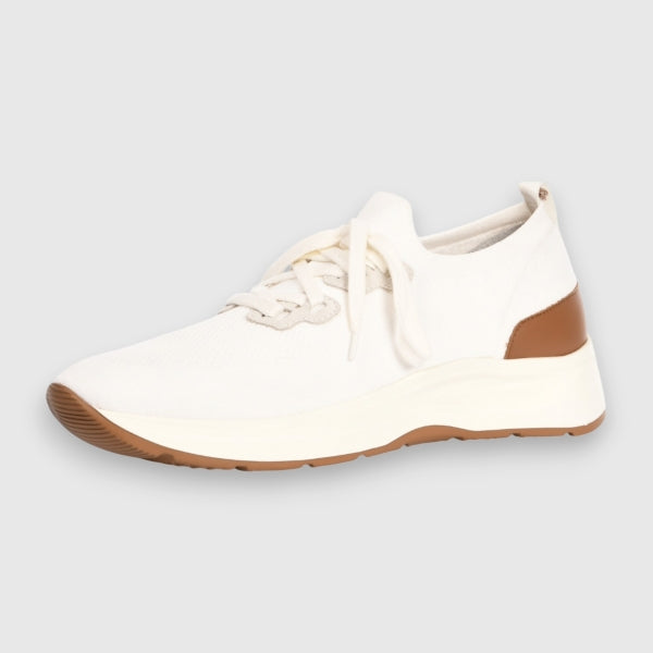 White sneaker with brown accents on a light grey background. Gran Sasso Sneakers available at Sakks Menswear in Southampton.