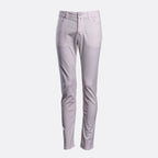 A pair of slim-fit jeans in a light lavender-gray color, shown flat against a solid light gray background. Jacob Cohën Chinos available at Sakks Menswear in Southampton.