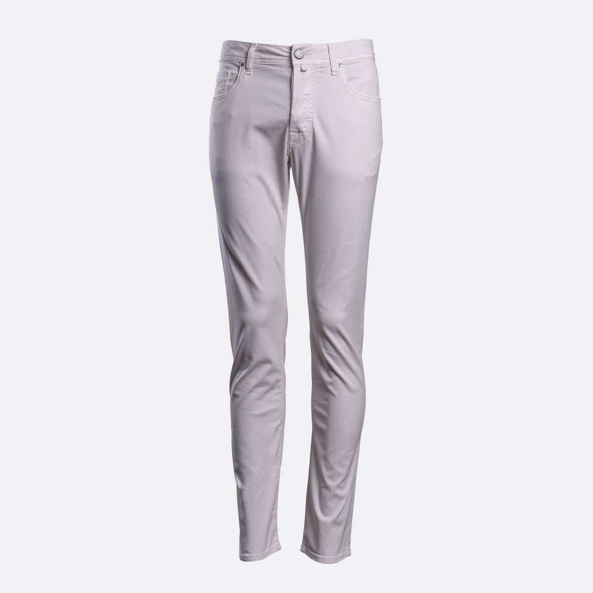 A pair of slim-fit jeans in a light lavender-gray color, shown flat against a solid light gray background. Jacob Cohën Chinos available at Sakks Menswear in Southampton.