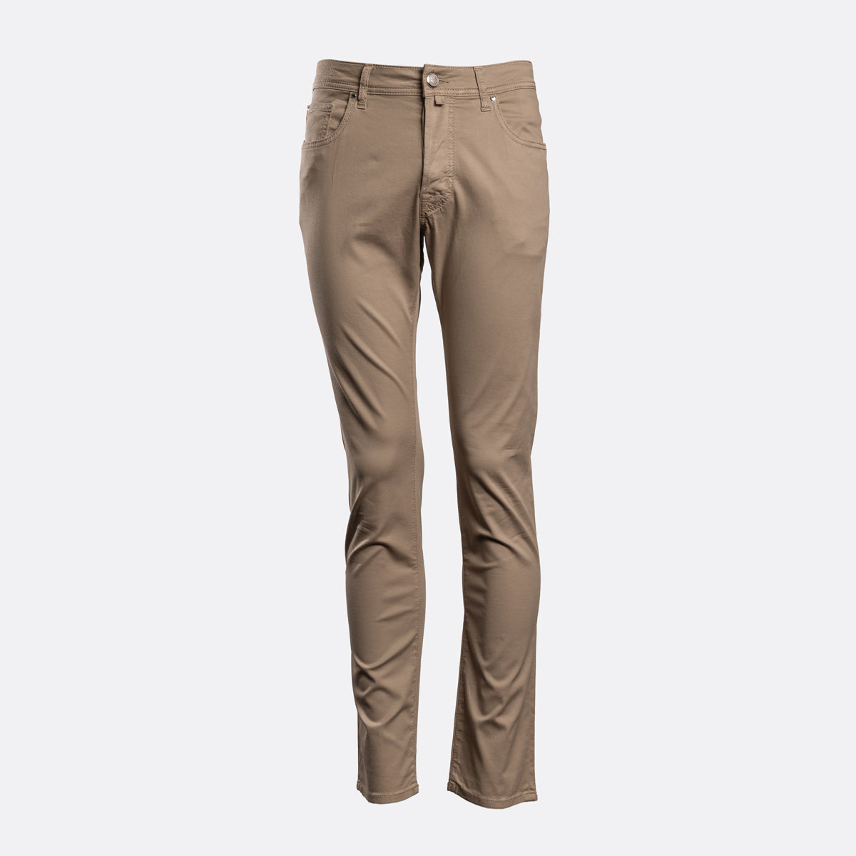 A pair of slim-fit, straight-leg pants in a warm tan or khaki shade, shown on a clean, light gray background. Jacob Cohën Chinos available at Sakks Menswear in Southampton.