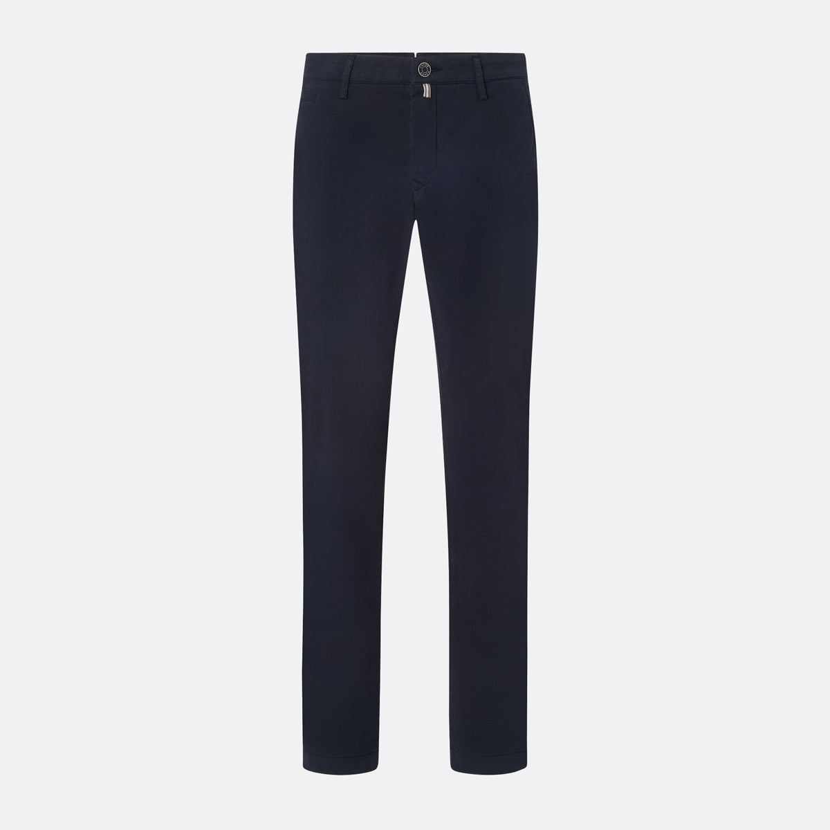 A pair of dark navy blue slim-fit trousers shown flat against a light gray background. Jacob Cohën Chinos available at Sakks Menswear in Southampton.