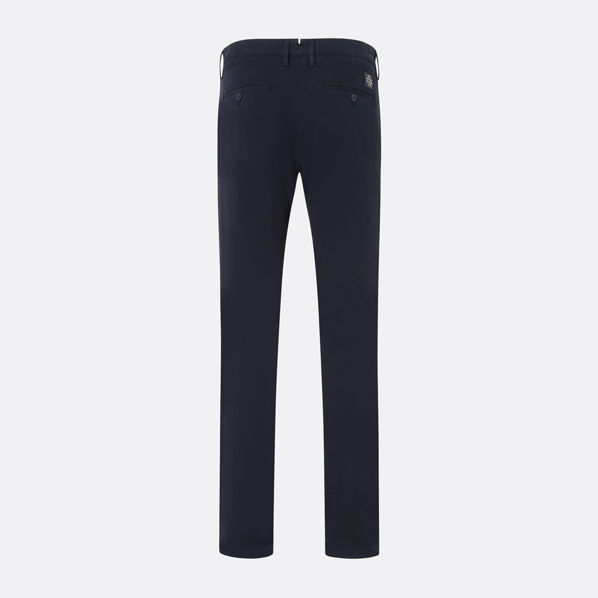 A pair of dark navy blue slim-fit trousers shown from the back, featuring a button closure and belt loops, set against a solid light gray background. Jacob Cohën Chinos available at Sakks Menswear in Southampton.