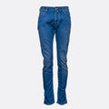 A pair of medium wash blue denim jeans shown on a ghost mannequin against a light gray background. Jacob Cohën Jeans available at Sakks Menswear in Southampton.