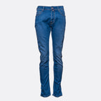 A pair of medium wash blue denim jeans shown on a ghost mannequin against a light gray background. Jacob Cohën Jeans available at Sakks Menswear in Southampton.