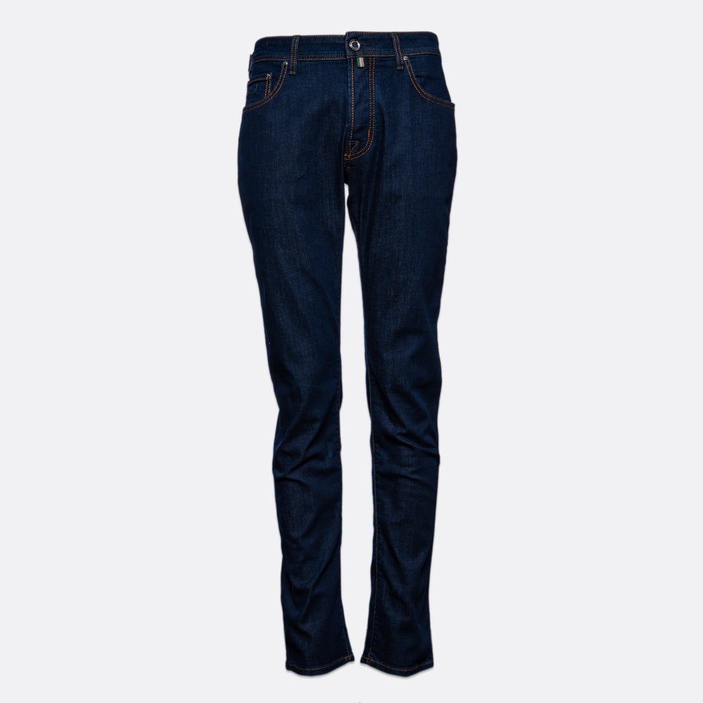 A pair of dark blue slim-fit jeans shown flat against a light gray background. Jacob Cohën Jeans available at Sakks Menswear in Southampton.