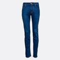 A pair of dark blue slim-fit jeans shown flat against a light gray background. Jacob Cohën Jeans available at Sakks Menswear in Southampton.