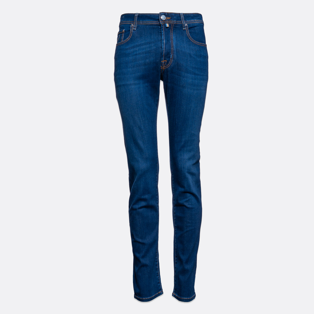 A pair of dark blue slim-fit jeans shown flat against a light gray background. Jacob Cohën Jeans available at Sakks Menswear in Southampton.