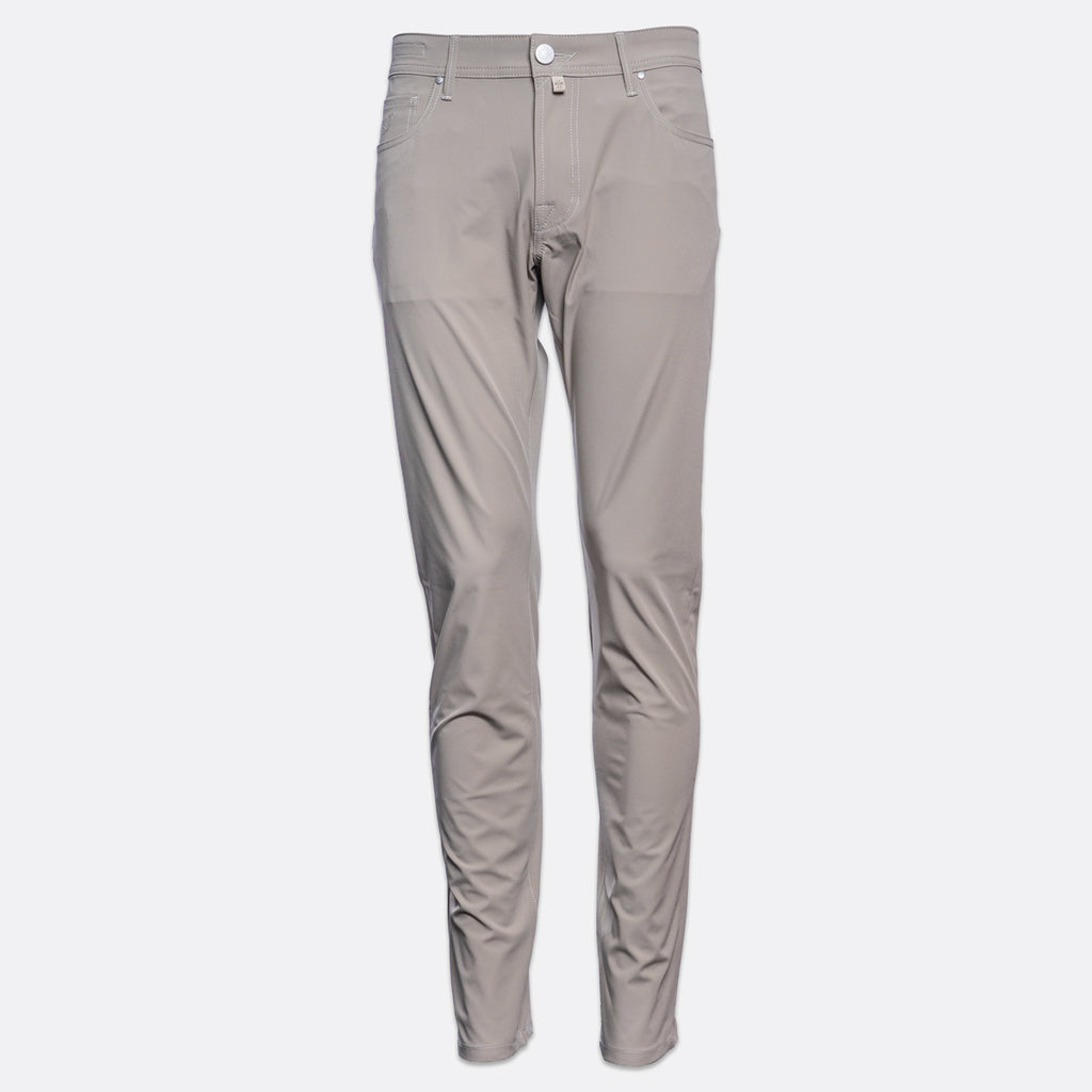 A pair of slim-fit, light gray pants shown on a ghost mannequin against a plain light gray background. Jacob Cohën Chinos at Sakks Menswear in Southampton.