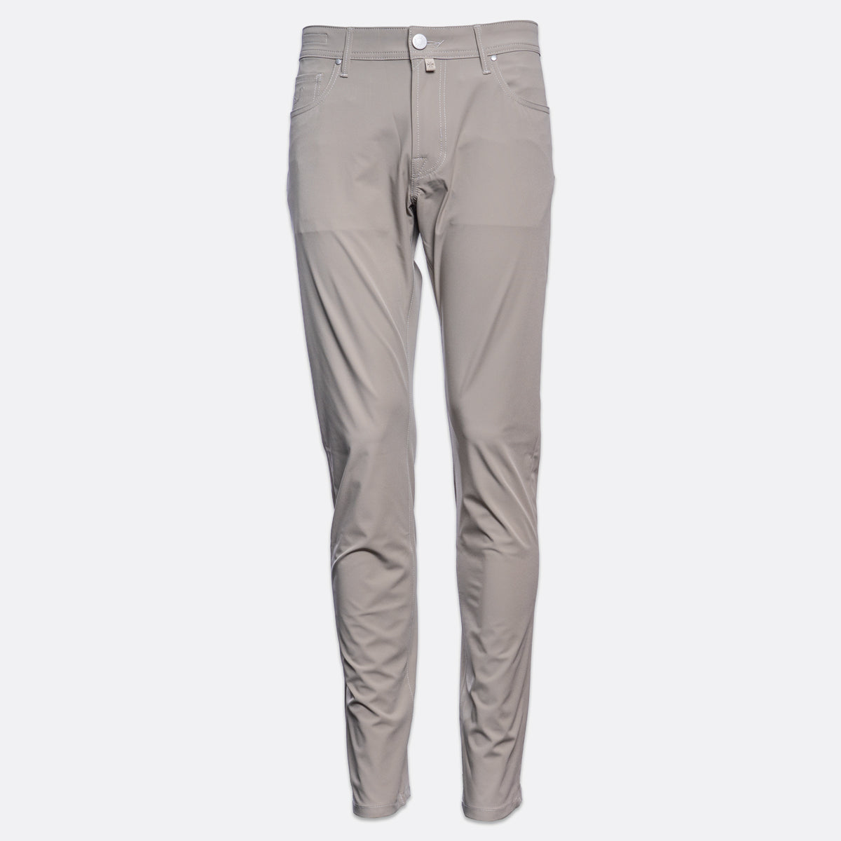 A pair of slim-fit, light gray pants shown on a ghost mannequin against a plain light gray background. Jacob Cohën Chinos at Sakks Menswear in Southampton.