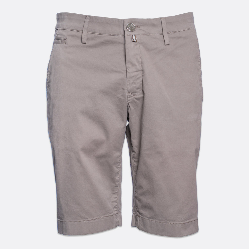 A pair of men's casual shorts in a solid taupe-gray color, featuring a button closure, belt loops, and a classic five-pocket design, shown against a plain light gray background. Jacob Cohën Shorts available at Sakks Menswear in Southampton.