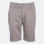 A pair of men's casual shorts in a solid taupe-gray color, featuring a button closure, belt loops, and a classic five-pocket design, shown against a plain light gray background. Jacob Cohën Shorts available at Sakks Menswear in Southampton.