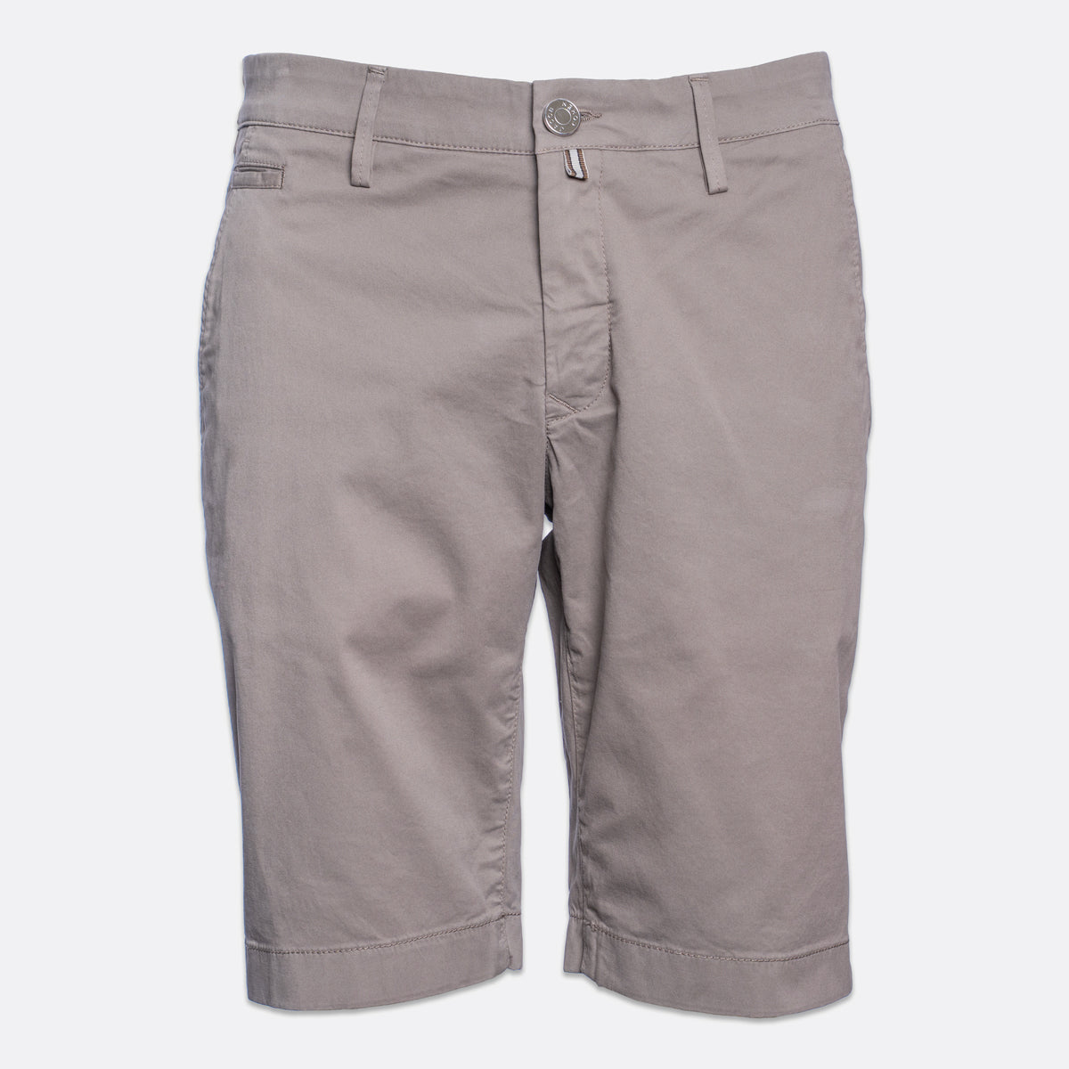 A pair of men's casual shorts in a solid taupe-gray color, featuring a button closure, belt loops, and a classic five-pocket design, shown against a plain light gray background. Jacob Cohën Shorts available at Sakks Menswear in Southampton.