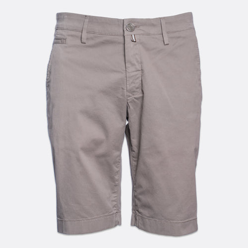 A pair of men's casual shorts in a solid taupe-gray color, featuring a button closure, belt loops, and a classic five-pocket design, shown against a plain light gray background. Jacob Cohën Shorts available at Sakks Menswear in Southampton.