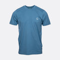 A blue short-sleeve crewneck t-shirt with a small white geometric logo on the left chest, displayed on a light gray background. MA.Strum T-Shirts available at Sakks Menswear in Southampton.