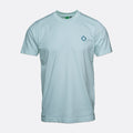 A light blue crewneck t-shirt with a small blue geometric logo on the left chest, displayed on a neutral light gray background. MA.Strum T-Shirt available at Sakks Menswear in Southampton.