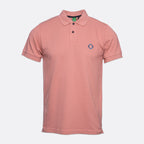 Clay coloured short sleeve polo shirt with contrast grey buttons. Light green branded tag on the inside of the collar and embroidered silver blue MA.Strum compass logo on left side of chest. MA.Strum Polo available at Sakks Menswear in Southampton.
