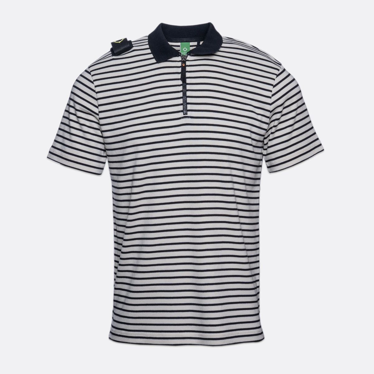 Short sleeve polo shirt with a black knit collar and black and white striped pattern displayed in front of a light grey background. MA.Strum Polo available at Sakks Menswear in Southampton.