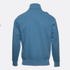 A blue long-sleeve sweatshirt shown from the back, featuring a mock neck collar and ribbed cuffs and hem, on a light gray background. MA.Strum Sweatshirt available at Sakks Menswear in Southampton.