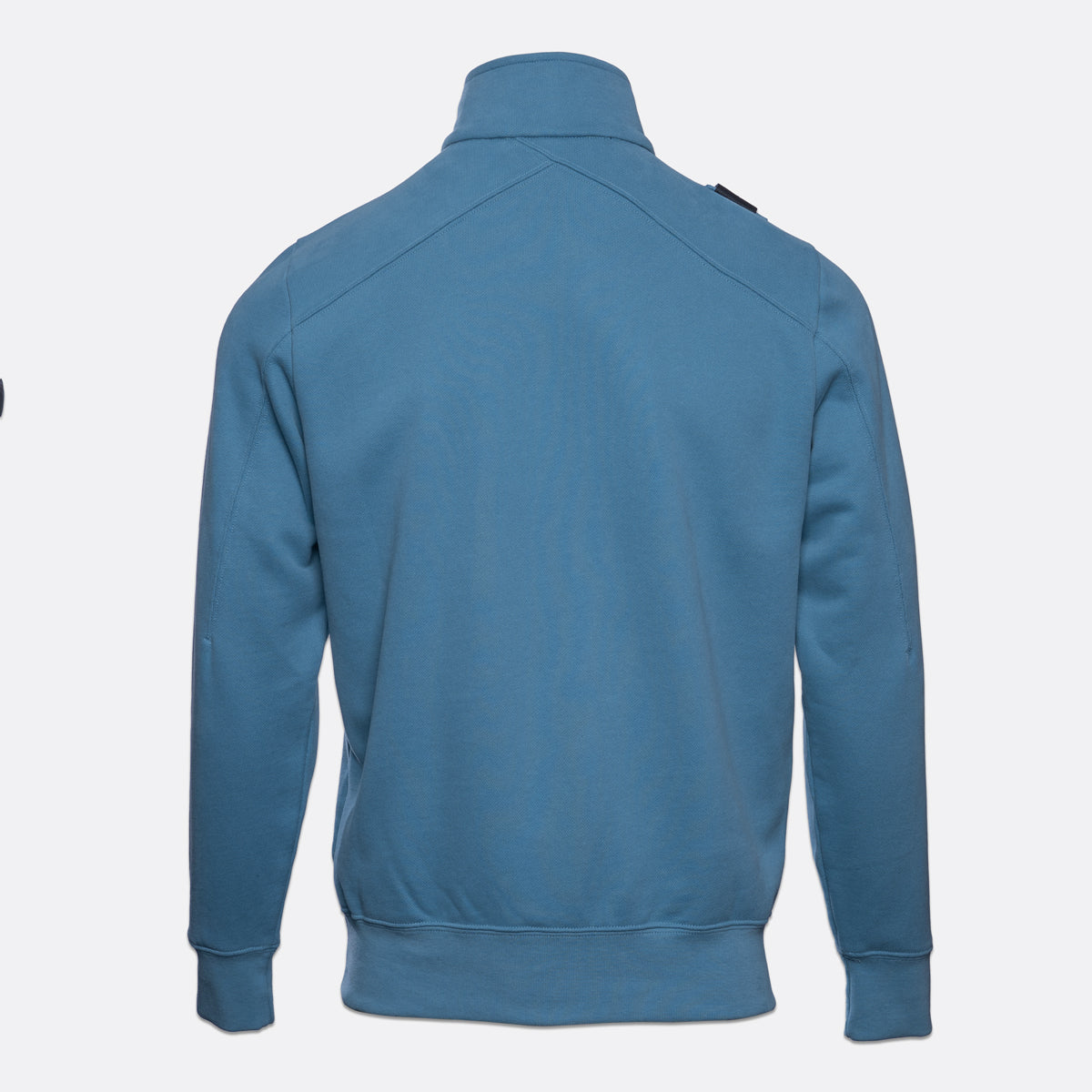 A blue long-sleeve sweatshirt shown from the back, featuring a mock neck collar and ribbed cuffs and hem, on a light gray background. MA.Strum Sweatshirt available at Sakks Menswear in Southampton.