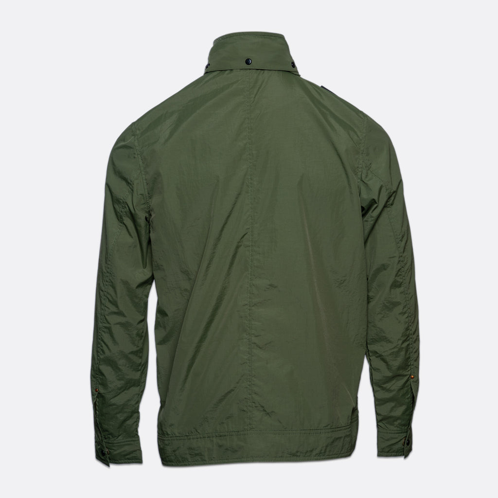 An olive green lightweight jacket shown from the back, featuring a high collar and a button closure at the top, photographed against a light gray background. MA.Strum Jacket available at Sakks Menswear in Southampton.