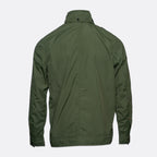 An olive green lightweight jacket shown from the back, featuring a high collar and a button closure at the top, photographed against a light gray background. MA.Strum Jacket available at Sakks Menswear in Southampton.