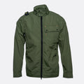 An olive green utility jacket with a high stand-up collar, black front zipper, and flap chest pocket, shown against a light gray background. MA.Strum Jacket available at Sakks Menswear in Southampton.